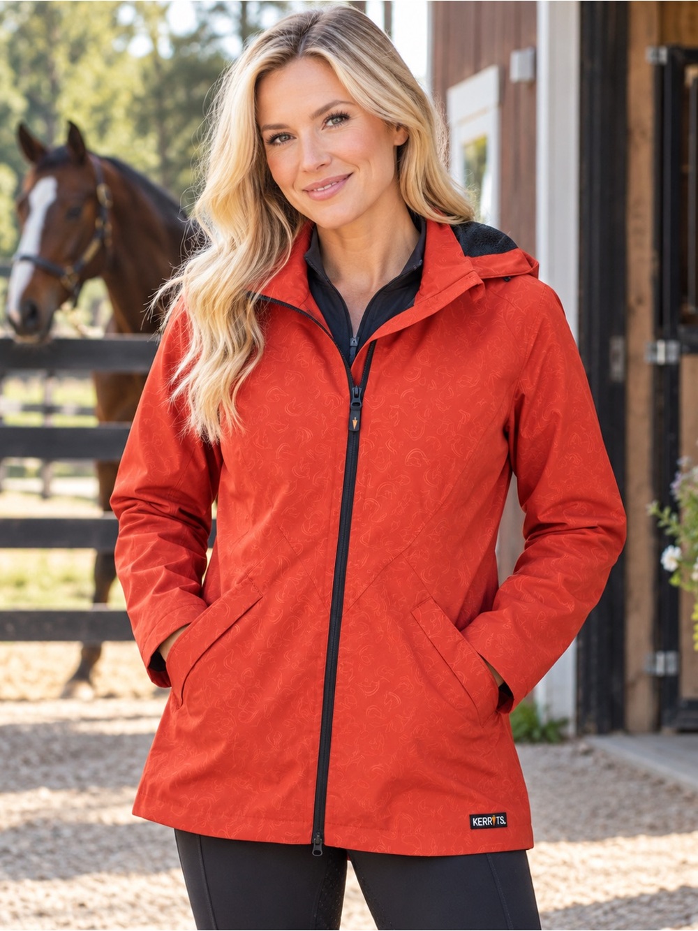 Kerrits Women’s Medium Equestrian Riding Jacket Hooded Horse Print Red Orange
🐴